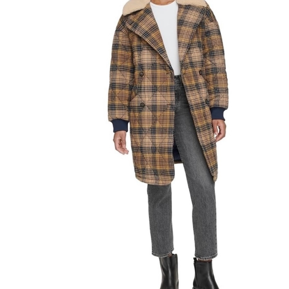 Levi’s Quilted Plaid Double Breasted Fleece Jacket with Cream Collar L - Picture 7 of 15